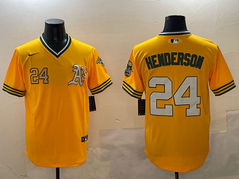 Men Oakland Athletics #24 Henderson Yellow Throwback Game 2025 Nike MLB Jersey style 3